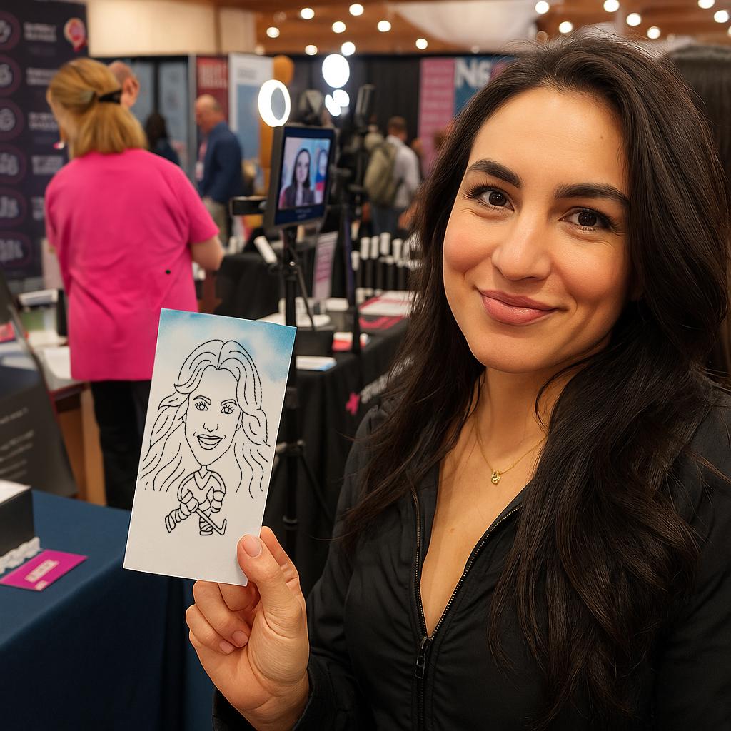 Sketch Robot creating a live AI caricature for a guest at a Dubai event, with fun mini-body themes and on-the-spot printing for branded souvenirs.